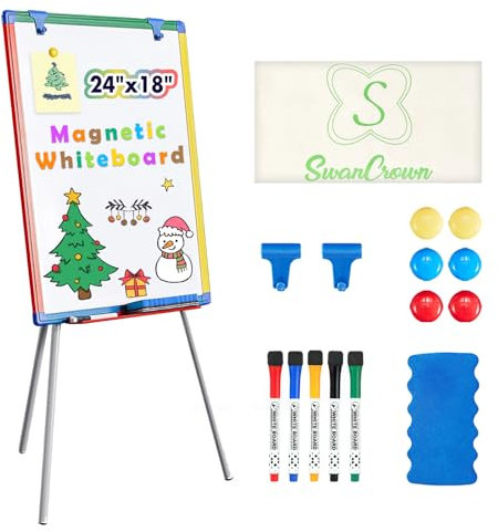 SWANCROWN Portable Whiteboard with Stand 60x45cm, Teaching Easel for Classroom Home School, Colorful Aluminum Frame, Foldable&Height Adjustable