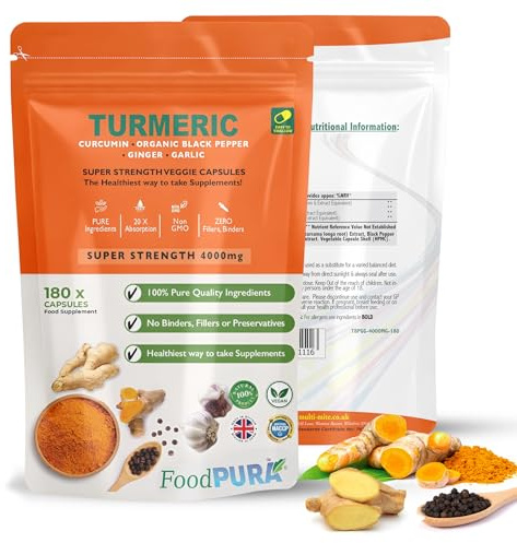 FoodPURA 180 x 4000mg Turmeric (Curcumin), Ginger, Garlic & Organic Black Pepper Capsules HACCP Certified, Manufactured in The UK by FoodPURA (180)