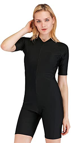 YEESAM One Piece Swimsuit for Women Girls Short Sleeved Zip Front Rash Guard Surfing Swimsuits Beachwear Modest Swimming Costumes Legsuit Swimwear (Black, Int'l - XL, x_l)