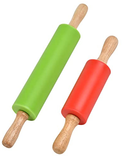2Stk Nudelholz Silikon Teigroller mit Holzgriff und Antihaft-Nudelhölzer zum Backen von Pizza, Silikon Nudelholz mit Holzgriff für Gebäck