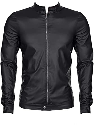 Regnes Fetish Planet Herren Wetlook Jacke in schwarz mit dekorativen Metallic-Druckknöpfen und silberfarbenem Reißverschluss