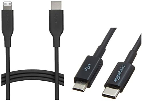 Amazon Basics Câble USB-C vers Lightning, chargeur certifié MFi pour iPhone 12/12 Pro/12 Pro max/11/11 Pro/11 Pro Max/X/XS/XR/XS Max/8/8 Plus - noir, 0,9 m & Câble USB-C vers Micro B 2.0, 0,9 m - Noir