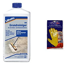 Lithofin MN Grundreiniger Konzentrat für Bodenbeläge, Marmor und Kalkstein stark wirkend bei fettigen Verunreinigungen Säurefrei 1 L - gratis Latex Handschuhe