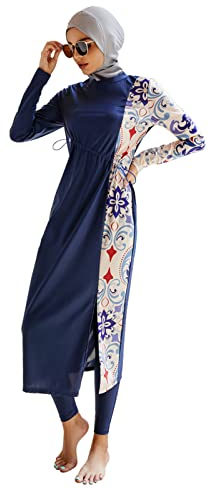 AllMonyba Muslimische Badebekleidung 3-teiliges Set mit Hijab Digitaldruck Langarm islamischer Badeanzug Burkini, XL