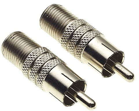 Nickel Body RCA Phono to F Type Socket Adaptor, Phono Plug to TV Coaxial Type F Socket Adaptor With Screw Design, Pack of 2 RCA Composite Male Adapters, Keple CCTV Plugs & Accessories