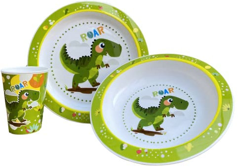 Set pappa Dinosauri, 3 pezzi, piatto piano, piatto fondo, bicchiere, stoviglie in plastica riutilizzabile, adatto al microonde