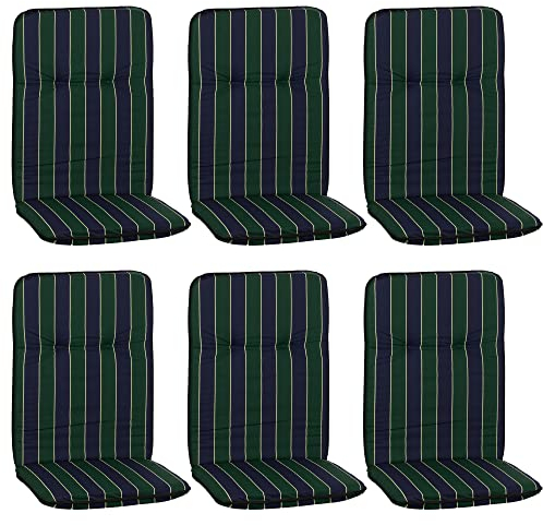 NYVI Hochlehner Auflagen Hawaii 6er Set - 114x47 cm Blau Dunkelgrün Gestreift - Gartenmöbel Auflage mit 5 cm Polster und Gummi-Halteband
