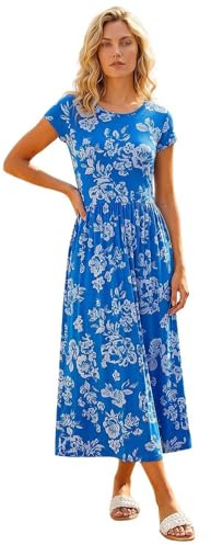 Roman Midi Dress with Pockets for Women UK Ladies Stretchy Jersey Maxi Long Short Sleeve Elasticated Gathered High Waist Boho Flattering Skater Swing Fit Flare - Blue White - Size 18