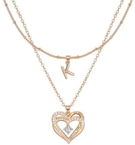 Lydreewam Rose Gold Layered Heart Necklaces for Women, Dainty Layering Heart Initial Letter K Necklaces with Cubic Zirconia, Adjustable Chain Necklaces Jewelry Gift