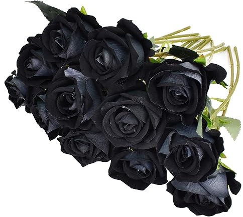 Disnace 12 Pcs Rose Artificiali, 30cm Realistica Singola a Gambo Lungo Rosa Finta, Fiori Artificiali Finto, Bouquet da Sposa in Seta per Decorazioni da Ufficio in Casa per Feste Giardino (Nero)
