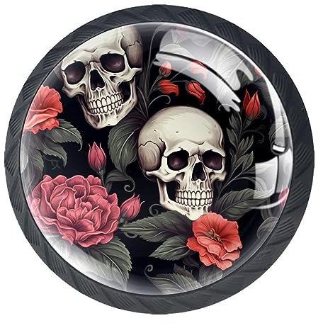 Lot de 4 boutons de placard en verre avec tête de mort, fleurs et feuilles pour armoires et tiroirs - Poignée ronde en verre à trou unique pour placard de cuisine, armoire, meubles, décoration