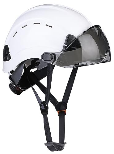 UNINOVA Casque de Chantier avec Visière EN397,Casque de Protection Casque de Sécurité Réglable avec Cliquet, Casque de Travail pour la Construction avec Visière,Couleur(fr1-White+Smoked Visor)