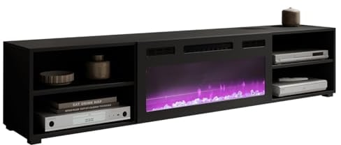 Mirjan24 TV Lowboard Plinka 180 mit Elektrischem Kamin Realistische LED-Flamme Kristallherd Fernsehschrank Fernsehtisch Unterschrank Board Schrank TV-Bank (Schwarz/Schwarz + Schwarz Hochglanz)