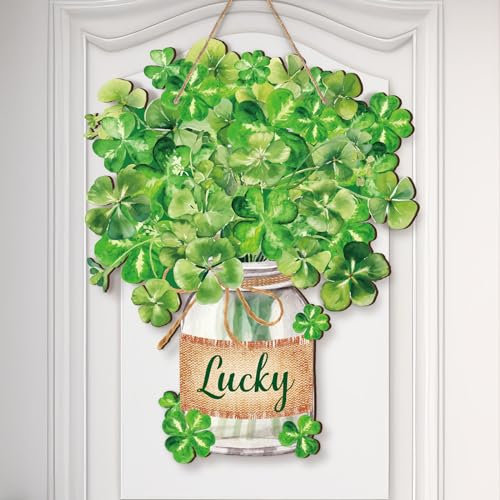 Menkxi Valentine's Day St. Patrick's Day Welcome Door Sign Vase Shaped Welcome Wooden Sign for Front Door Hanging Heart Shamrock Door Decorations for Home Wall Porch Outdoor Decor (Luck)