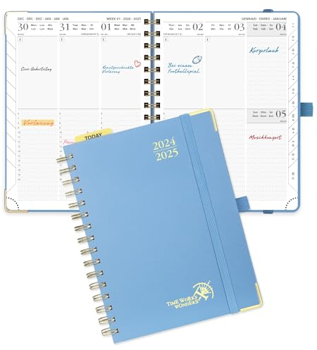 POPRUN Kalender 2025 Buchkalender (Aug.2024-Dez.2025) Ringbuch mit Hardcover, ca. A5 (21,5 x 16 cm), 17-Monate-Terminplaner, Wochenplaner 2025 mit Plastiklineal - Dunstblau