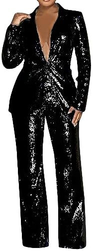 Kayferli Zweiteiler Damen mit Pailletten 2 Teiliges Hosen Set, Reverskragen Schmale Passform Formelle Anzüge für Damen, Pailletten Sets Hosenanzug Damen (Black, XXXL)