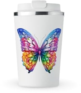 MAXIKIWI - Insulated Double Walled, Leakproof Stainless Steel Mug, Coffee or Tea Travel Tumbler with Lid, Keep Drinks Hot and Cold - Rainbow Butterfly - 350ml