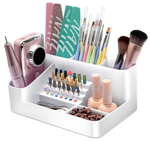 ANRUI Nagelbohrer Halter, 28 Löcher Kunststoff-Nagelbohrer-Bits Halter, 7 Fächern Multifunktionaler Maniküre Werkzeuge Aufbewahrungsbox Organizer für Schönheitssalon und Haushalt, Weiß