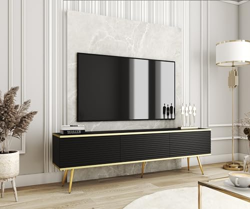 3E 3xE living.com TV- Schrank mit Lamellen in Schwarzer Farbe mit goldenen Beinen, D: L: 175 cm, H: 53 cm, T: 32 cm