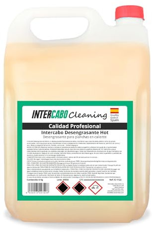 Intercabo – Fettlöser speziell für heiße Oberflächen – Reinigungsmittel zur Entfernung von Fett und Öl – für Grill, Fritteuse, Dunstabzug – 5 Liter Kanister – fettlösender Reiniger für Küche