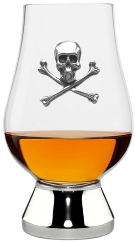 English Pewter Company Glencairn Whisky Glass 200ml with Pewter Skull & Cross Bones and Base [WGP025]