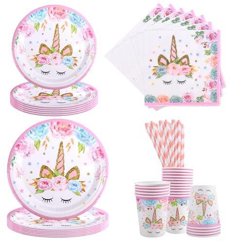 Aitsite 50 Stück Rosa Einhorn Partygeschirr Set für 10 Gäste - Geburtstag Teller, Becher, Servietten - Party Deko Set für Kindergeburtstag