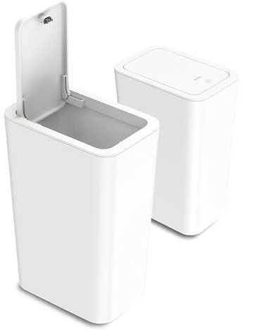 2Pack Bathroom Bin with lid,Push Button Kitchen Bin,Plastic Bins for Toilet, Dog Proof Bathroom,Trash Can for Bedroom Office Living Room (Off White)