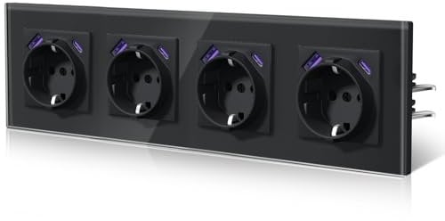 BSEED Enchufes con 20W USB y Tipo C,Enchufe Pared con Cristal,Carga Rápida,Instalación Con Garfio,E-Serie,4 Enchufes con 20W USB y Tipo C,299mm Negro