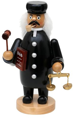 Dekohelden24 Holz Rauchfigur, Räucherfigur, Räuchermännchen, Räuchermann als Richter mit Gesetzbuch und Waage in der Hand in schwarz, L/B/H 12 x 9 x 20 cm.