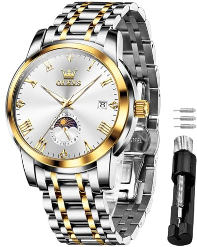 OLEVS Herrenuhren Analoge Quarzuhr Mondphasenkalender Geschäftsluxusuhr Edelstahl Wasserdicht 30M Leuchtendes Herrenarmbanduhren Geschenk