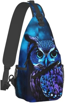 QMNKLET Sling Rucksack, Umhängetasche, blaue Eule, Brusttasche, Tagesrucksack, Bauchtasche, Umhängetasche für Outdoor, Wandern, Schwarz, Einheitsgröße