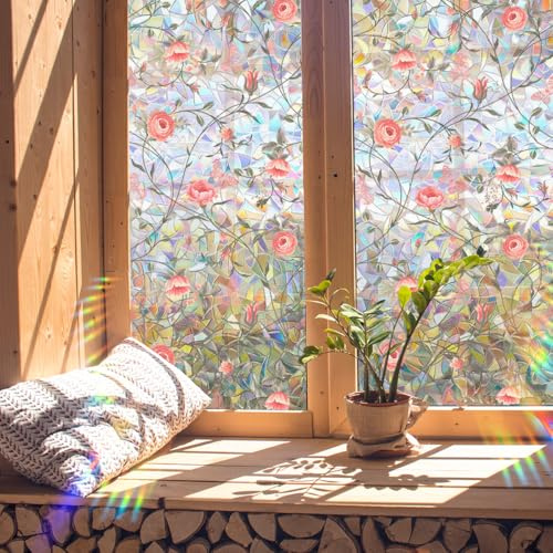 Alwayspon Nicht klebende Glasmalerei-Regenbogen-Fensterfolie, rotes florales Vinyl, statisch haftende Fensteraufkleber, abnehmbare Sichtschutzfolie für Glasfenster, Türdekoration
