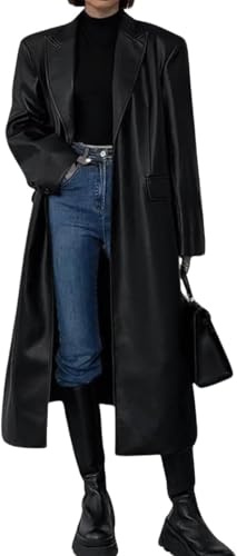 Juankrynord Trench lungo da Donna alla moda primaverile ampio lungo fino al ginocchio in PU con risvolto e bottoni stile retrò giacca da completomonopetto trench autunnale