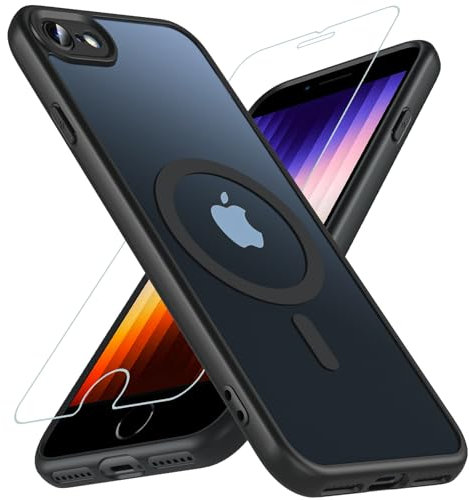 OWKEY Magnetic for iPhone SE Case 2022/2020/3rd/2rd, iPhone 8/7 Case, Compatible with MagSafe SE Phone Case with Screen Protector, Shockproof Matte Translucent Hard Back Slim Protective Cover (Black)