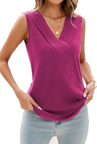Famulily Sleeveless Tank Tops for Women Pleated V Neck Casual Ladies Vest Summer