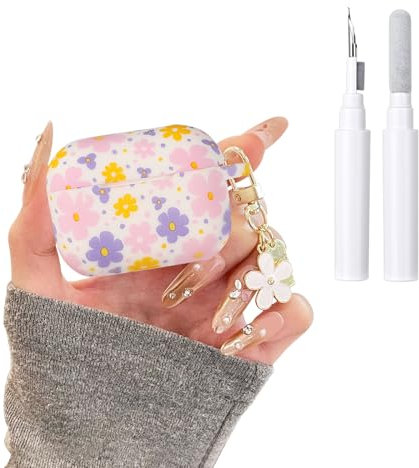 Reownest für AirPods Pro 2 Hülle und AirPods Pro Hülle mit Reinigungsset, Cute Buntes Blumen-Schlüsselanhänger Ästhetisches Muster Weiche Kopfhörerhüllen Case -Lila