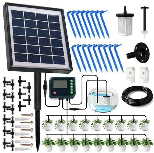 AMATHINGS Solar Bewässerungssystem BSV-IC018 Komplettset Tröpfchenbewässerungsystem, Automatische Bewässerungssystem Garten Meter 15 Meter Schlauch für Garten, Balkon Pflanzen, Kübelpflanzen