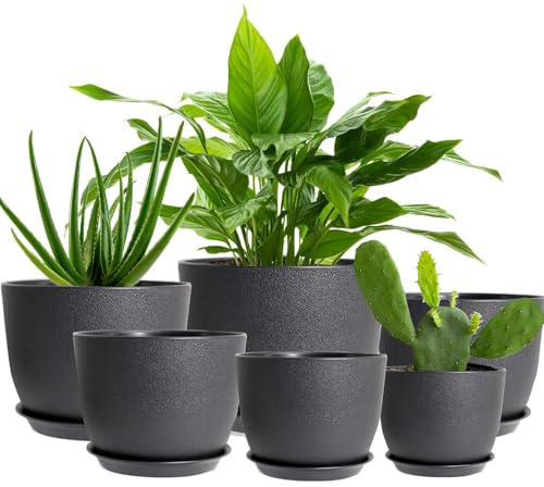 Punklong 6 Packs Plant Pots, 25/23/20/18/16/13 cm Plastic Plant Pots Indoor, Flower Pot With Drainage Holes and Trays, Modern Decorative Planter Pot for All House Plants(Black)