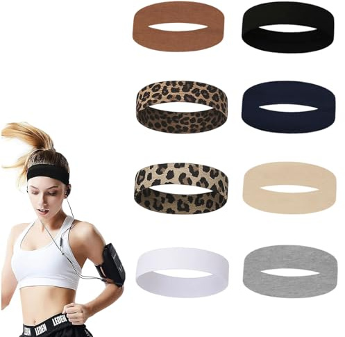 Stirnband Damen Sport,8 Pack Haarband Dünn Elastisch Haarbänder Damen Herren Antirutsch Stirnbänder Elastisch Headband Sport Yoga Workout Laufen Fitness Haarschmuck (8 Dunkle Serie,Der Leopard)