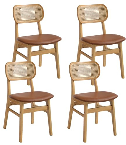 Ya-Home Esszimmerstühle 4er Set PU Leder Küchenstühle mit Rückenlehne Akzentstühle Rattan Polsterstuh mit Massivholzbeinen für Esszimmer/Wohnzimmer/Küche, Braun