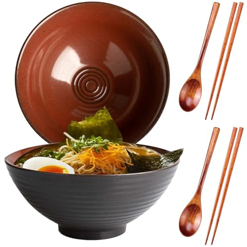 DecorDwell Lot de 2 Bols à Ramen en Céramique de 1200ml avec Baguettes et Cuillères, Bol Japonais vintage, 20 x 20 x 8.5cm Bol en Céramique pour Ramen, Salade, Céréales, Pâtes (Marron)
