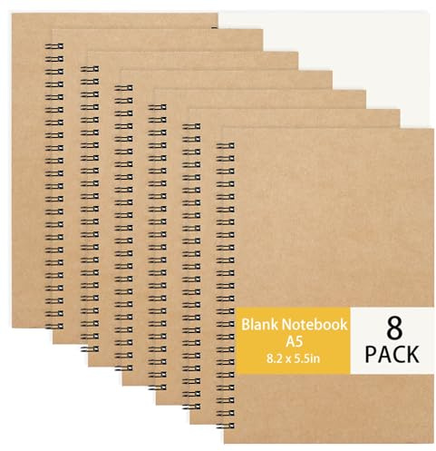 Yoosso Lot de 8 cahiers à spirales vierges A5, 50 feuilles/100 pages