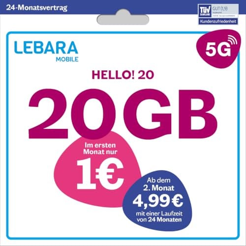 LEBARA Handytarif Hello! 20 | 20 GB Datenvolumen | 5G | 4,99€ mtl. | Allnet-Flat | 50 Auslandsminuten | Inkl. SIM-Karte