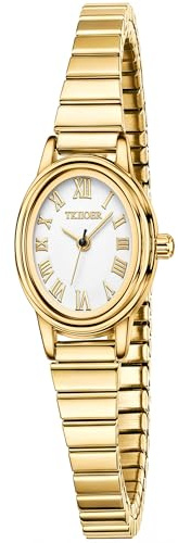 TKIIOER Small Gold Watches for Women, Easy to Read Roman Dial Ladies Analog Watch, Oval Case, Stainless Steel Expansion Band, Waterproof Watch(Full Gold)