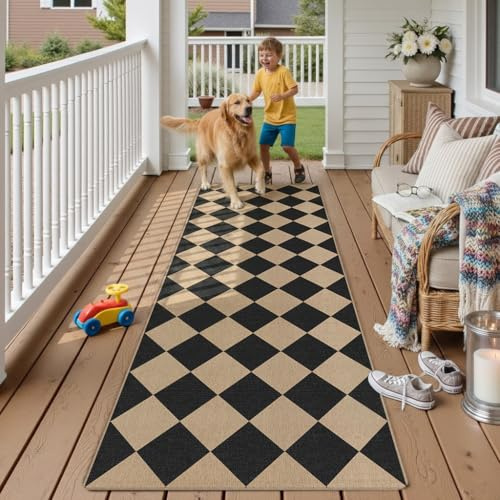 PureCozy Outdoor Teppich LäUfer Flur 60x240cm Outdoorteppich Wetterfest Balkon Flurteppich Braun Schwarz Teppiche Jute Optik Waschbarer rutschfest Carpet Terrassen Garten Esszimmer BüRo Indoor Rug