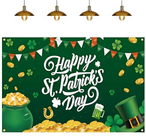 HattusaShield Großes St. Patrick's Day-Hintergrundbanner, Stoff Irish Banner, Grünes Kleeblatt, Glücksmünze für Tisch Wand Garten Draußen Dekoration Fotohintergrund zum Parade Banner Photo Booth