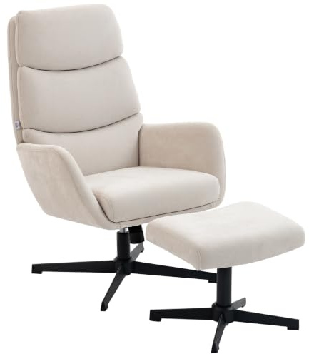 HOMCOM Relaxsessel mit Hocker mit Hoher Rückenlehne Wippfunktion Beige | Leinenoptik, Metallsockel, Polstersessel, Wohnzimmer, Schlafzimmer