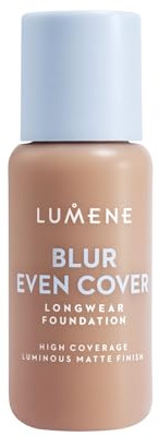 LUMENE Blur Even Cover Foundation | Hochdeckende, leichte Flüssigfoundation mit strahlendem, mattem Finish | 16 Stunden Halt | Niacinamid & nordische Heidelbeere | Parfümfrei | Farbton 5 | 30 ml