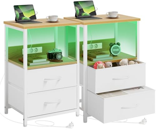 Rolanstar Nachttisch mit Ladefunktion, Beistelltisch mit LED-Leuchten, 2 Stoffschubladen & 3-stufiger Aufbewahrungs, Nachtschrank aus Holz für Schlafzimmer (2, Hellbeige)
