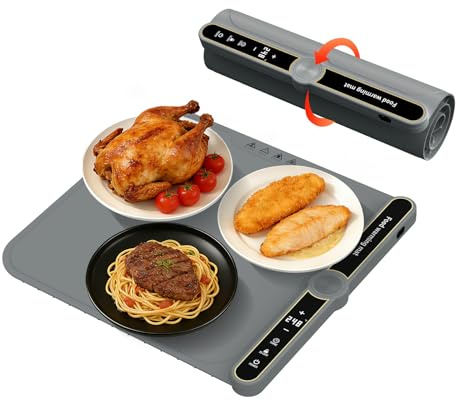 Small Warming Mat for Food：15 W x 15 L, Portable Food Warmer Mat Rolled Up Silicone Food Warmers for Thaw, 6-Level Timer 9-Level Precise Temp Control with Safe Child Lock for Party Buffet Grey